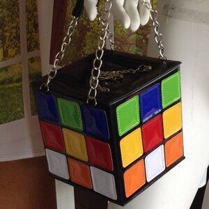 Super Cute Rubix Cube Satchel Bag - Navy with Multicolor Panels